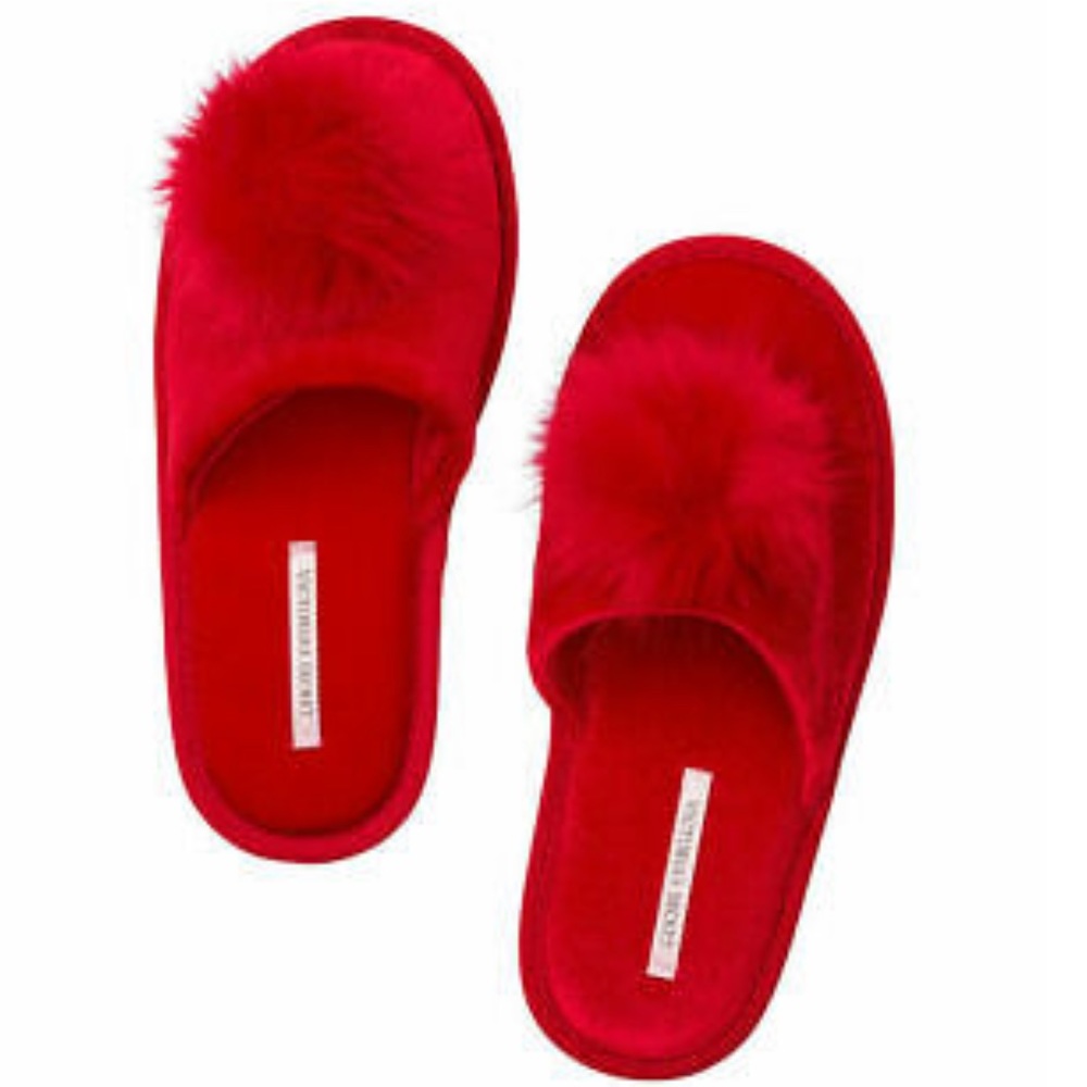 Victoria's Secret Red Fuzzy Pom-Pom Slip On Slippers M
